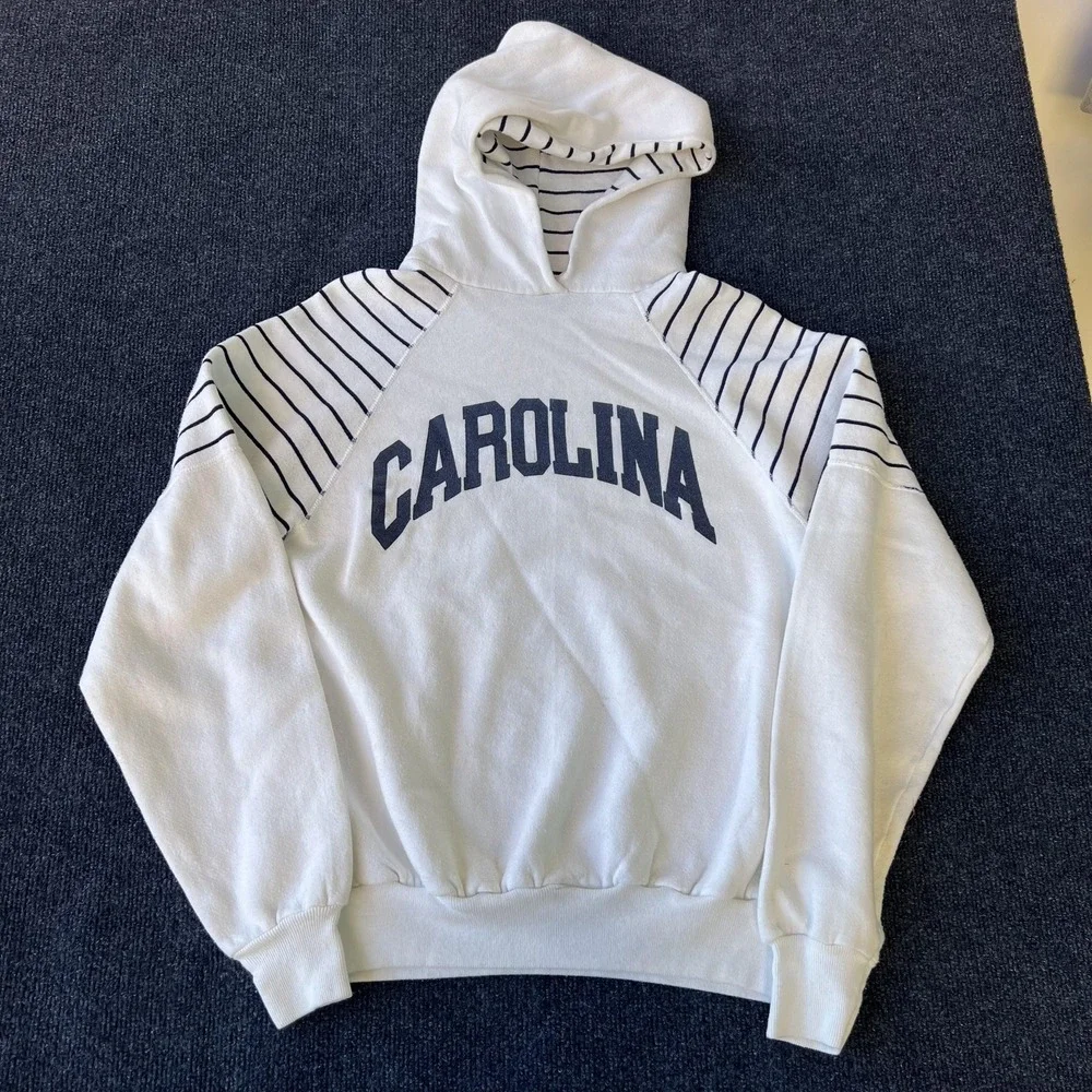Vintage 80s Carolina Hoodie Sweatshirt Mens Medium Raglan Striped Spell Out Knit
